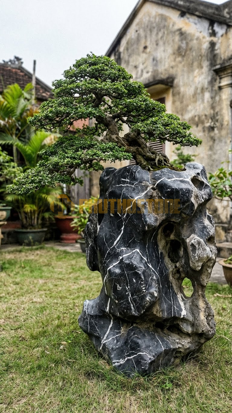 Đôn Kê Chậu Cây Đá Đen Tia Chớp Bonsai Sanh Nam Điền Dáng Làng – Dài 60cm, Rộng 60cm, Cao 50cm