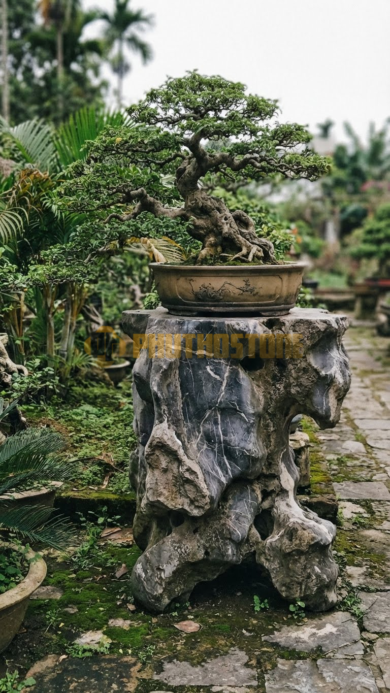 Đôn Kê Chậu Cây Đá Đen Tia Chớp Bonsai Si Nhật Dáng Trực – Dài 40cm, Rộng 40cm, Cao 70cm