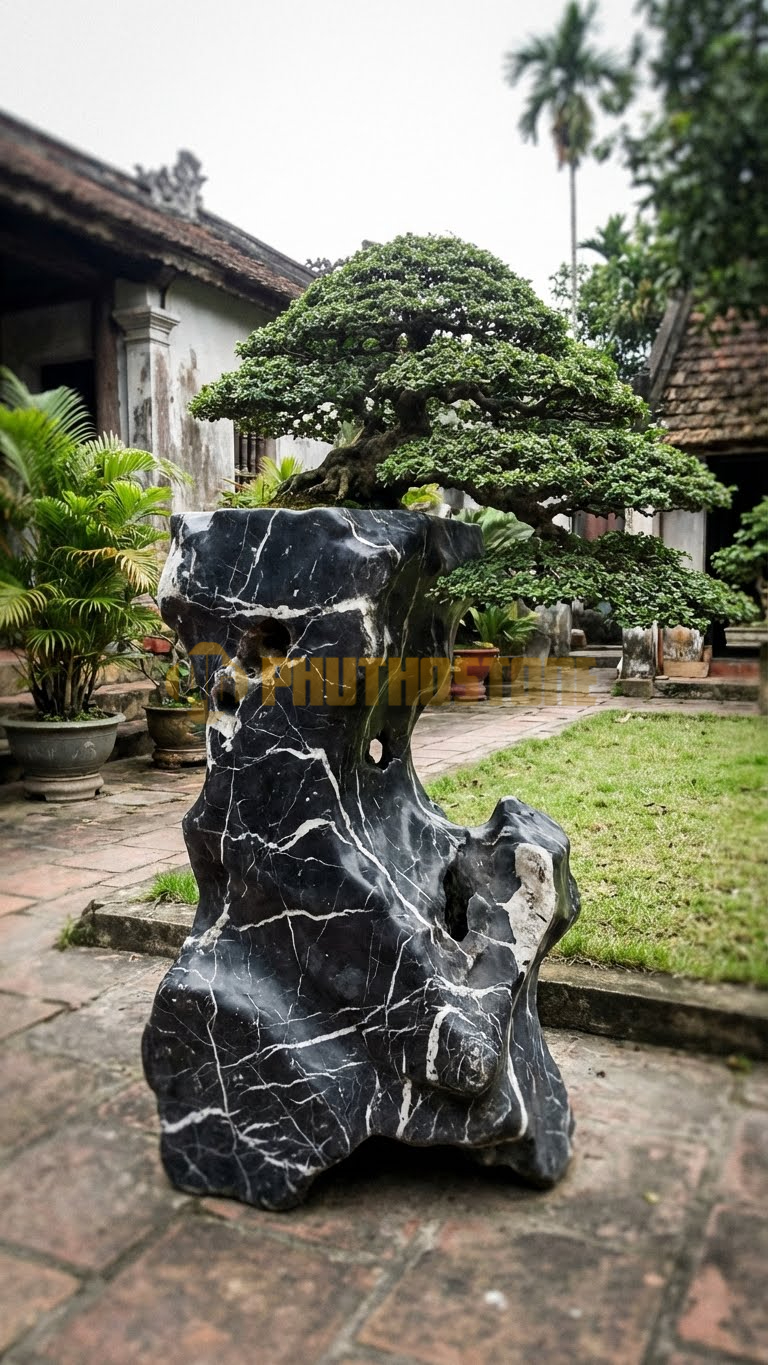 Đôn Kê Chậu Cây Đá Đen Tia Chớp Bonsai Tùng La Hán Cổ Thụ – Dài 60cm, Rộng 60cm, Cao 50cm
