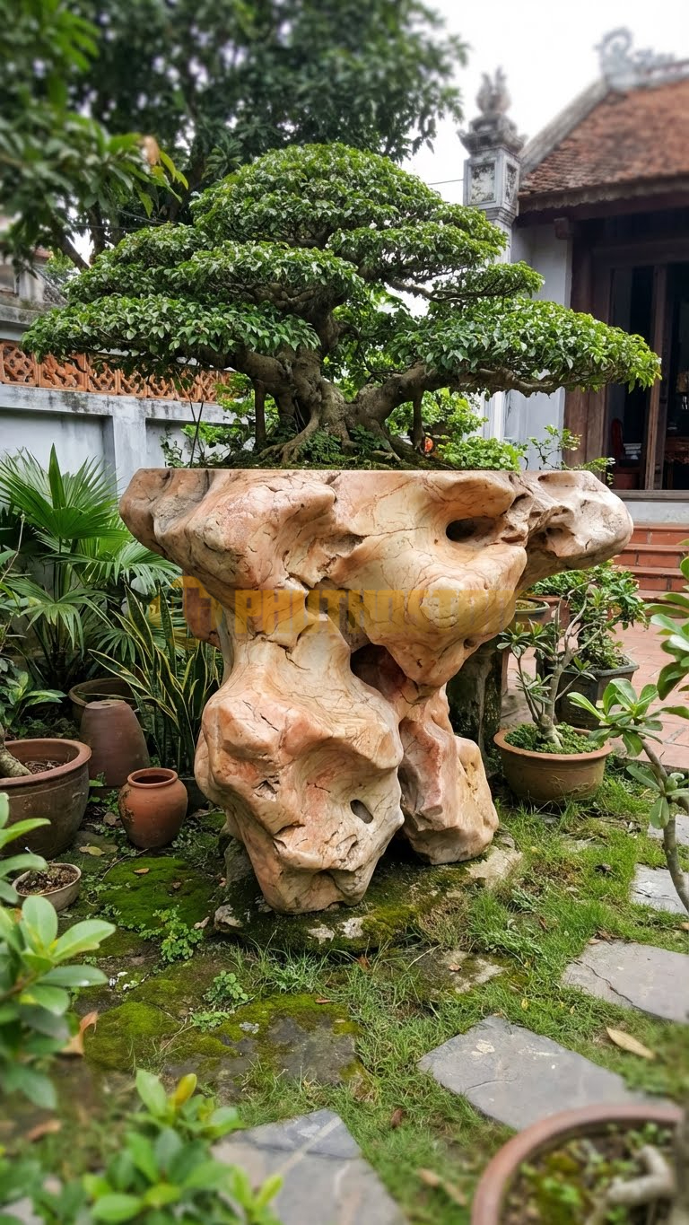 Đôn Kê Chậu Cây Đá Hồng Bonsai Sanh Điền Hạt – Dài 45cm, Rộng 45cm, Cao 75cm