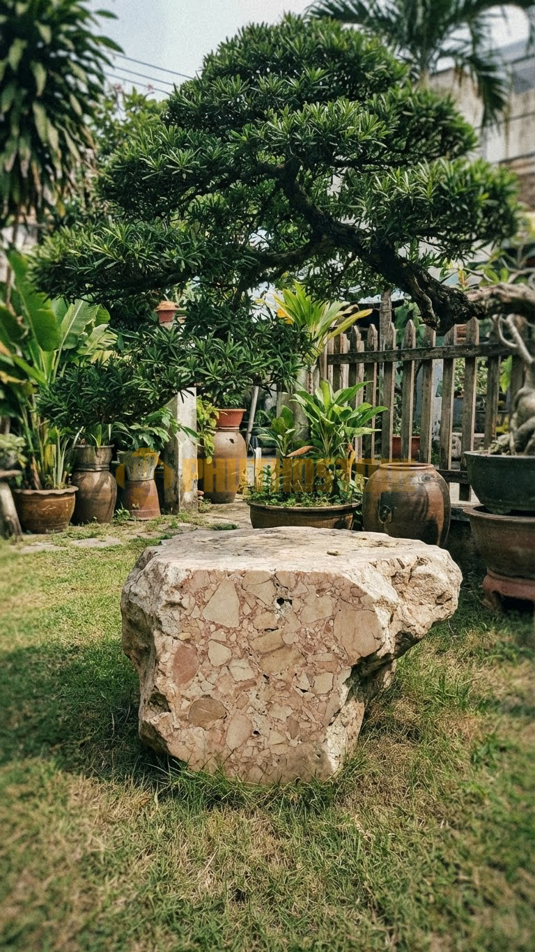 Đôn Kê Chậu Cây Đá Hồng Bonsai Tùng La Hán Cổ Thụ – Dài 60cm, Rộng 60cm, Cao 50cm