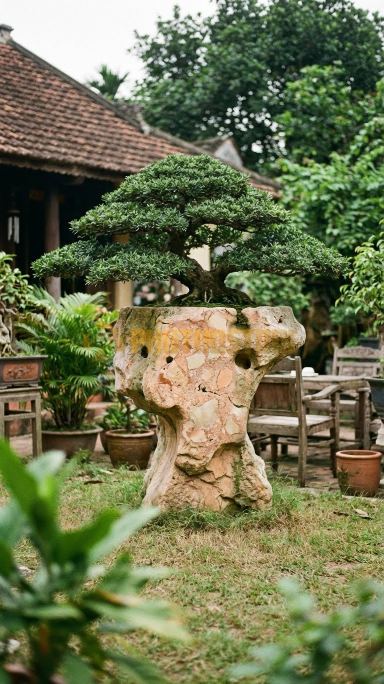 Đôn Kê Chậu Cây Đá Hồng Bonsai Tùng La Hán Dáng Trực – Dài 40cm, Rộng 40cm, Cao 80cm