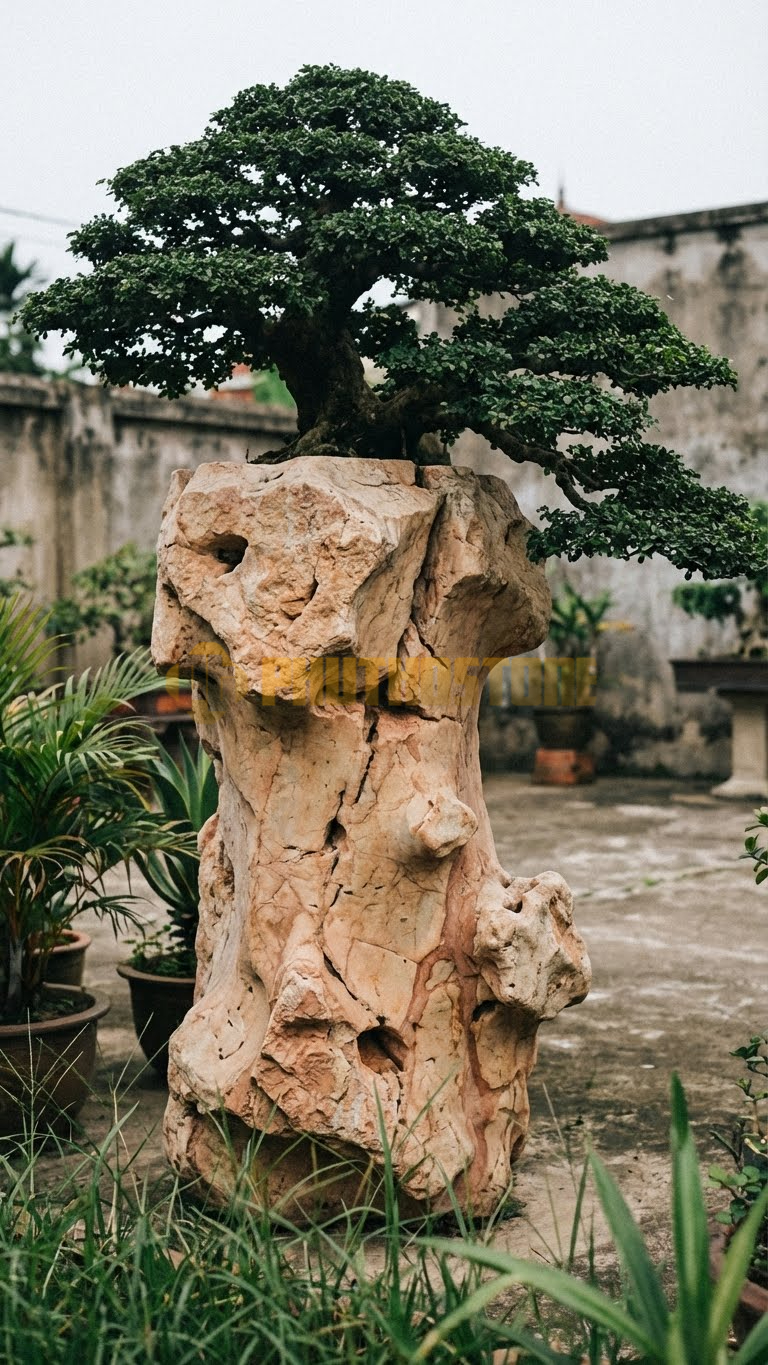Đôn Kê Chậu Cây Đá Hồng Bonsai Tùng Xà Dáng Tháp – Dài 45cm, Rộng 45cm, Cao 60cm
