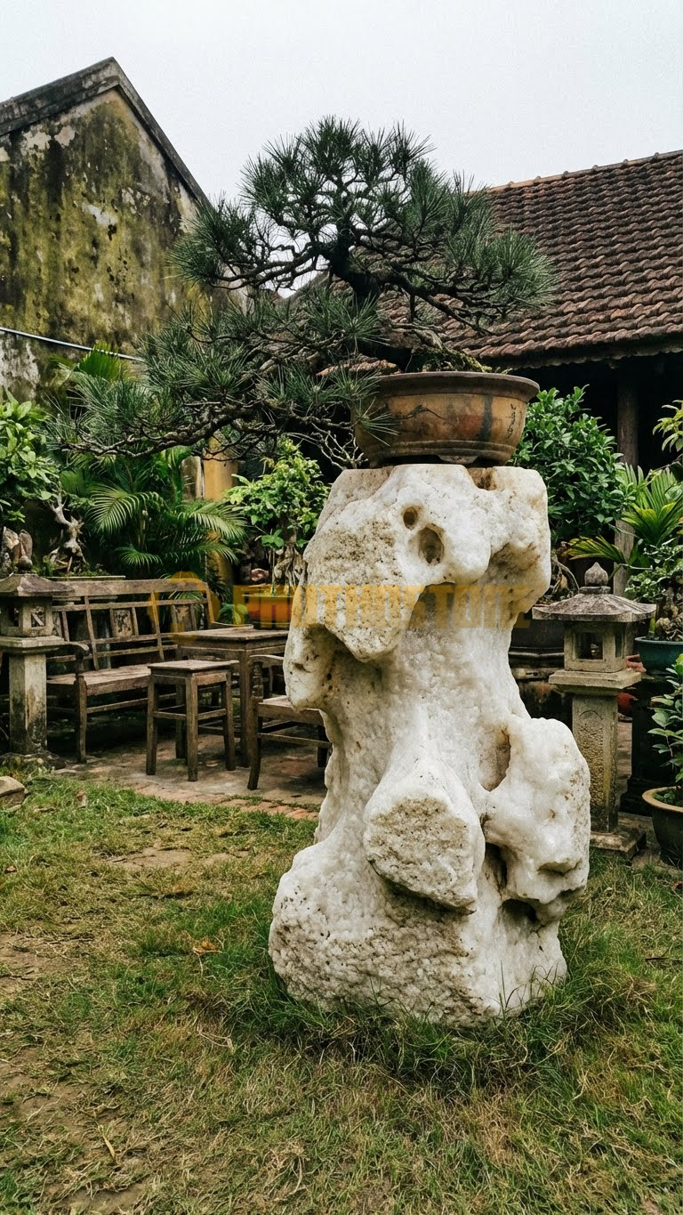 Đôn Kê Chậu Cây Đá Trắng Muối Bonsai Thông Hai Lá Làm Lũa – Dài 50cm, Rộng 50cm, Cao 65cm