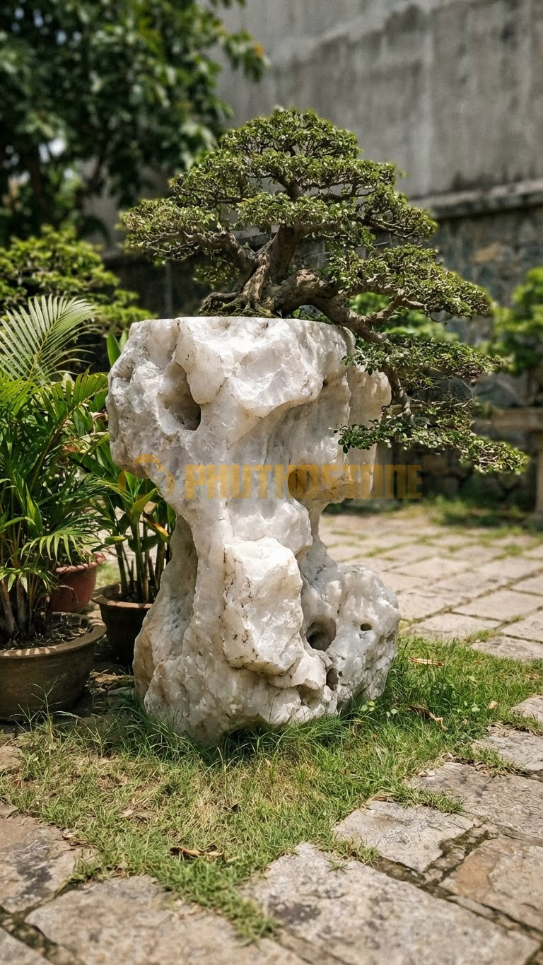 Đôn Kê Chậu Cây Đá Trắng Muối Bonsai Tùng La Hán Cổ Thụ – Dài 60cm, Rộng 60cm, Cao 50cm