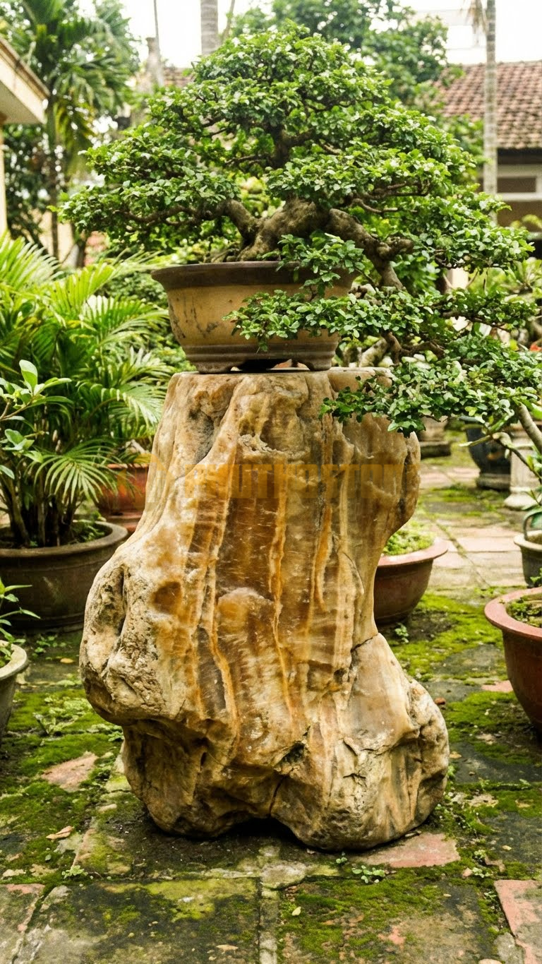 Đôn Kê Chậu Cây Đá Vân Gỗ Bonsai Tùng Bồng Lai Để Bàn – Dài 25cm, Rộng 25cm, Cao 25cm