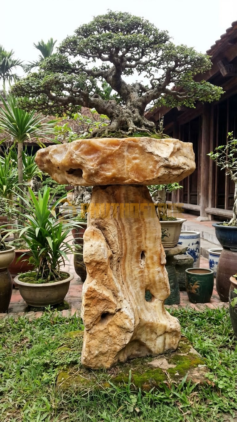 Đôn Kê Chậu Cây Đá Vân Gỗ Bonsai Tùng La Hán Lá Dài – Dài 55cm, Rộng 55cm, Cao 85cm