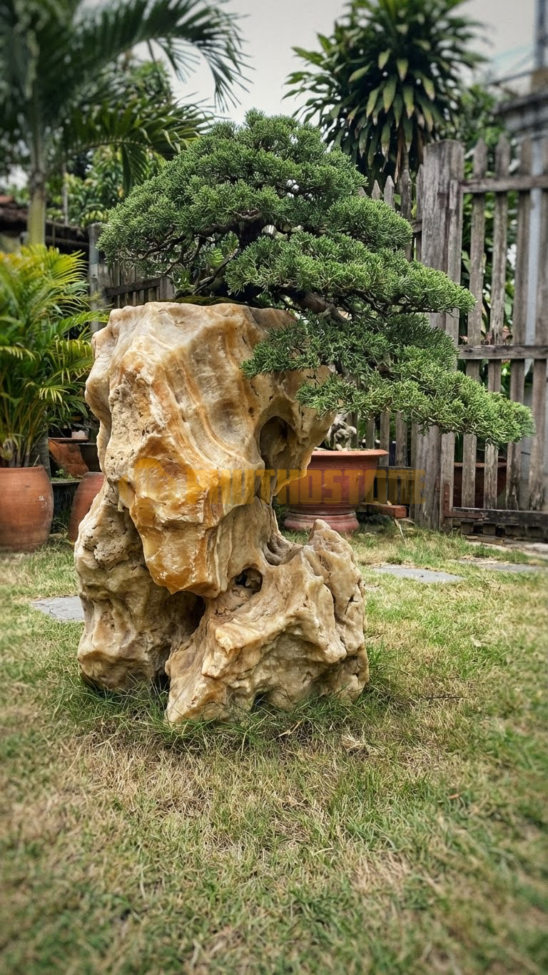 Đôn Kê Chậu Cây Đá Vân Gỗ Bonsai Tùng Xà Dáng Tháp – Dài 45cm, Rộng 45cm, Cao 60cm