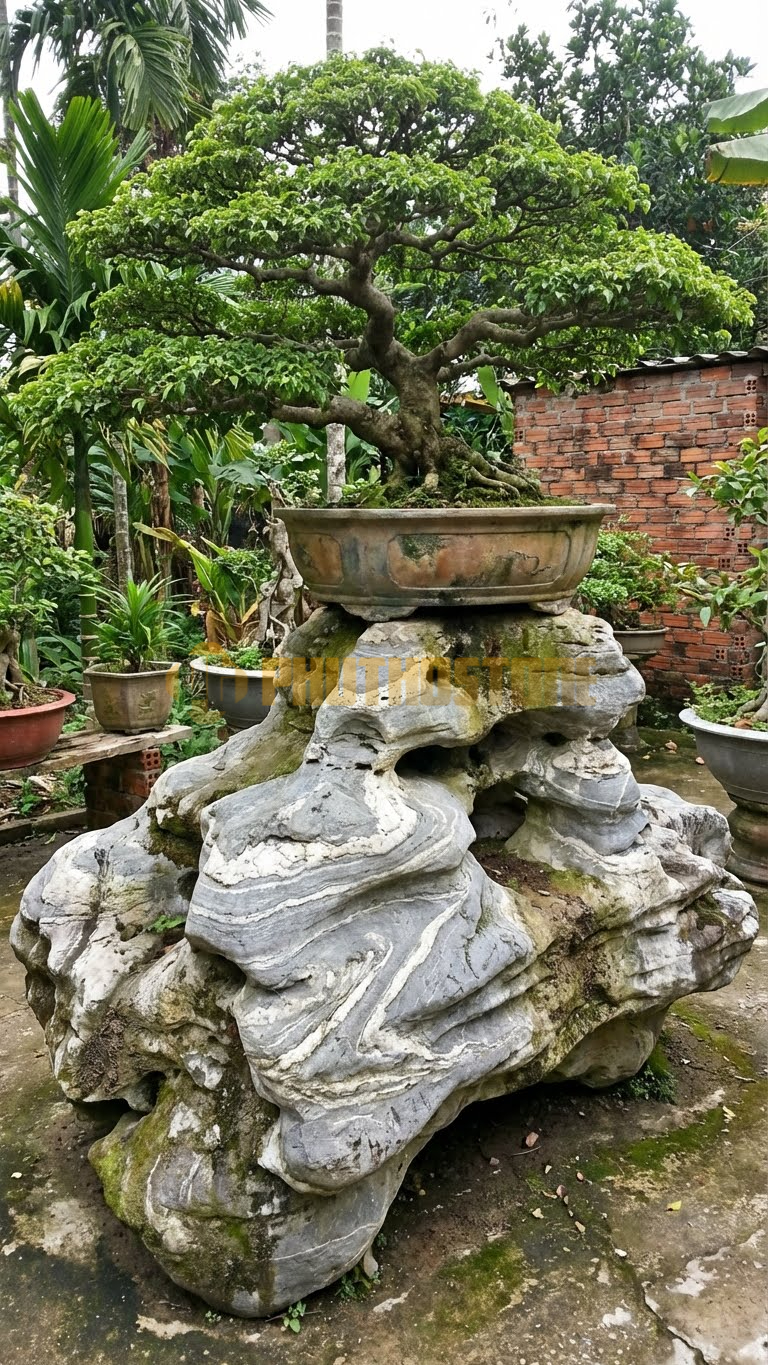 Đôn Kê Chậu Cây Đá Vân Mây Bonsai Sanh Cổ Dáng Lão Mai – Dài 55cm, Rộng 55cm, Cao 80cm