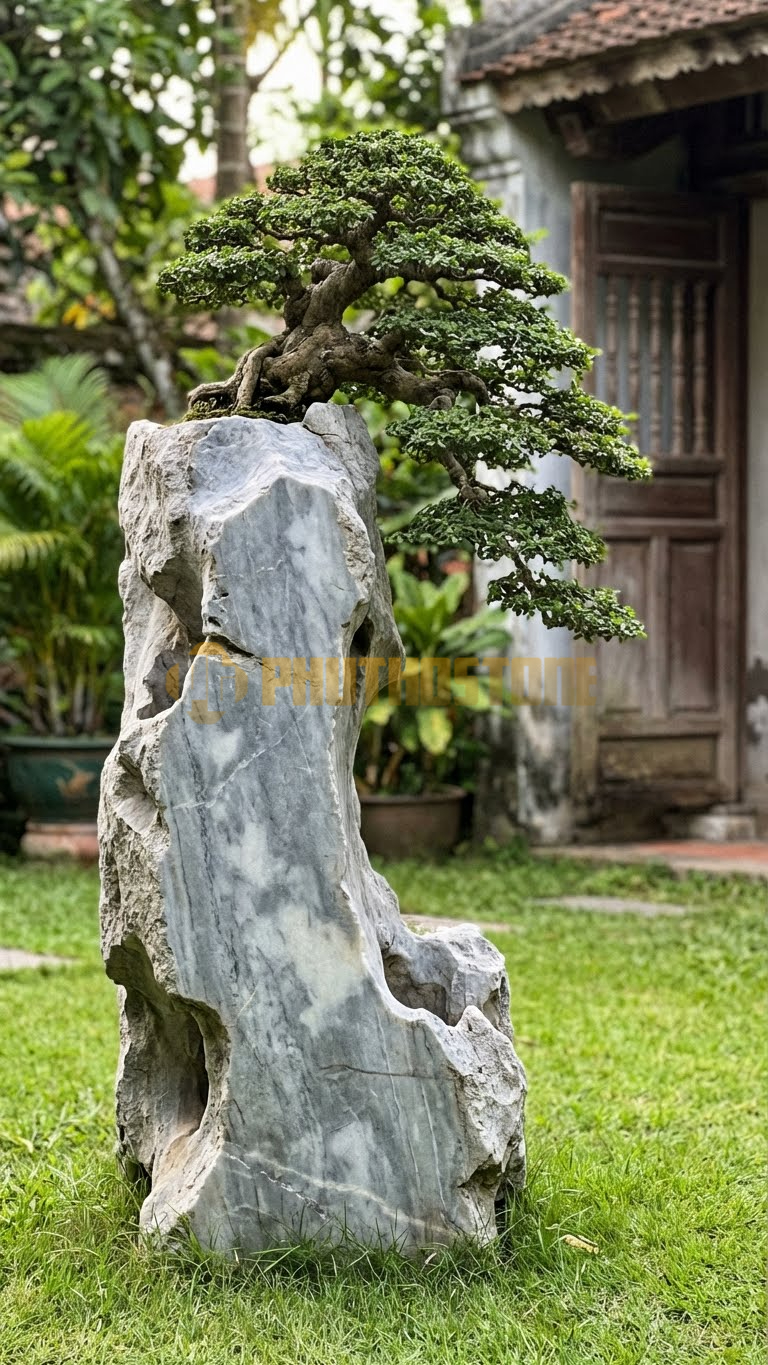 Đôn Kê Chậu Cây Đá Xám Vân Mây Bonsai Sanh Dáng Thác Đổ – Dài 35cm, Rộng 35cm, Cao 1M