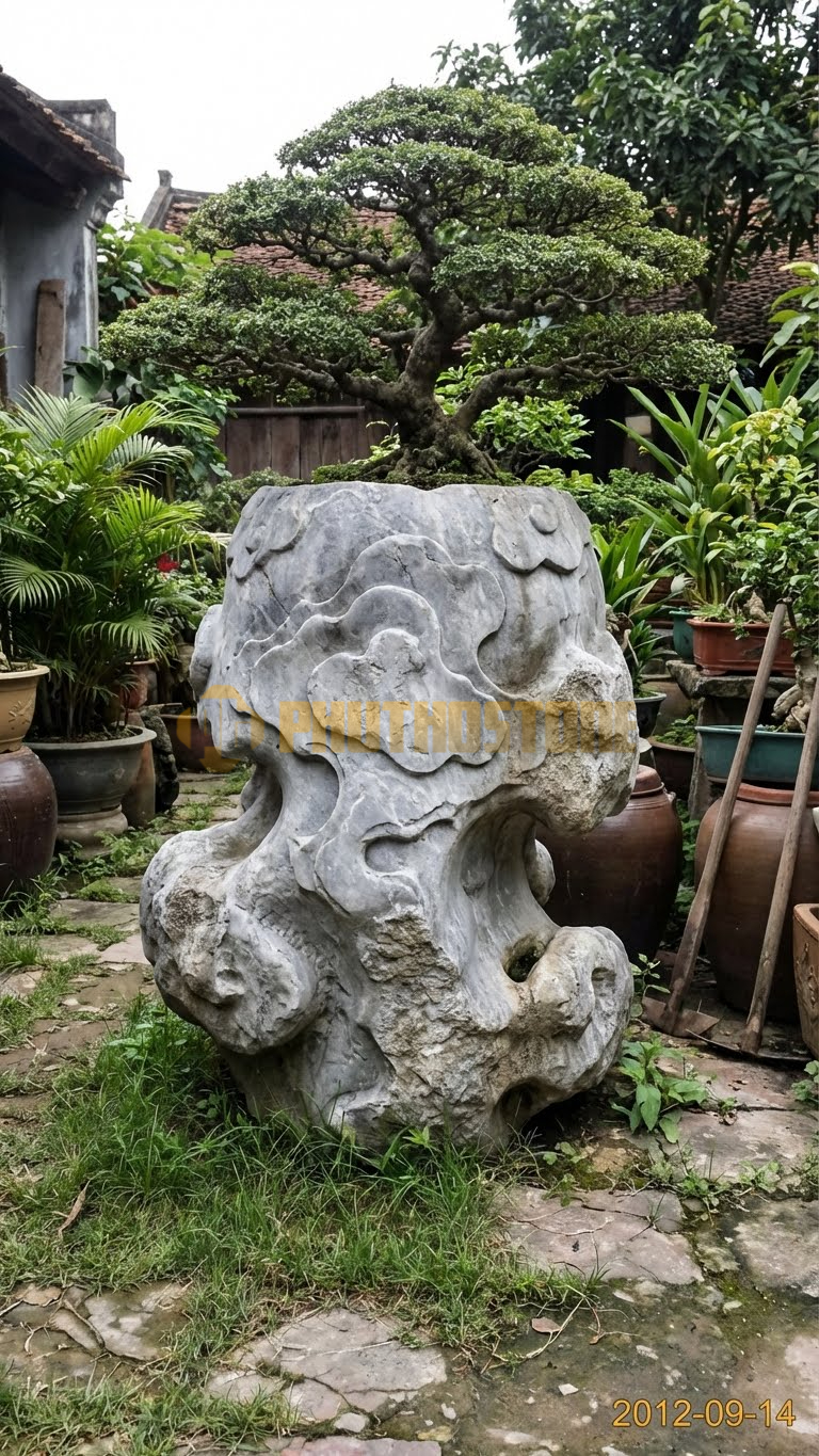 Đôn Kê Chậu Cây Đá Xám Vân Mây Bonsai Sanh Nam Điền Dáng Làng – Dài 60cm, Rộng 60cm, Cao 50cm