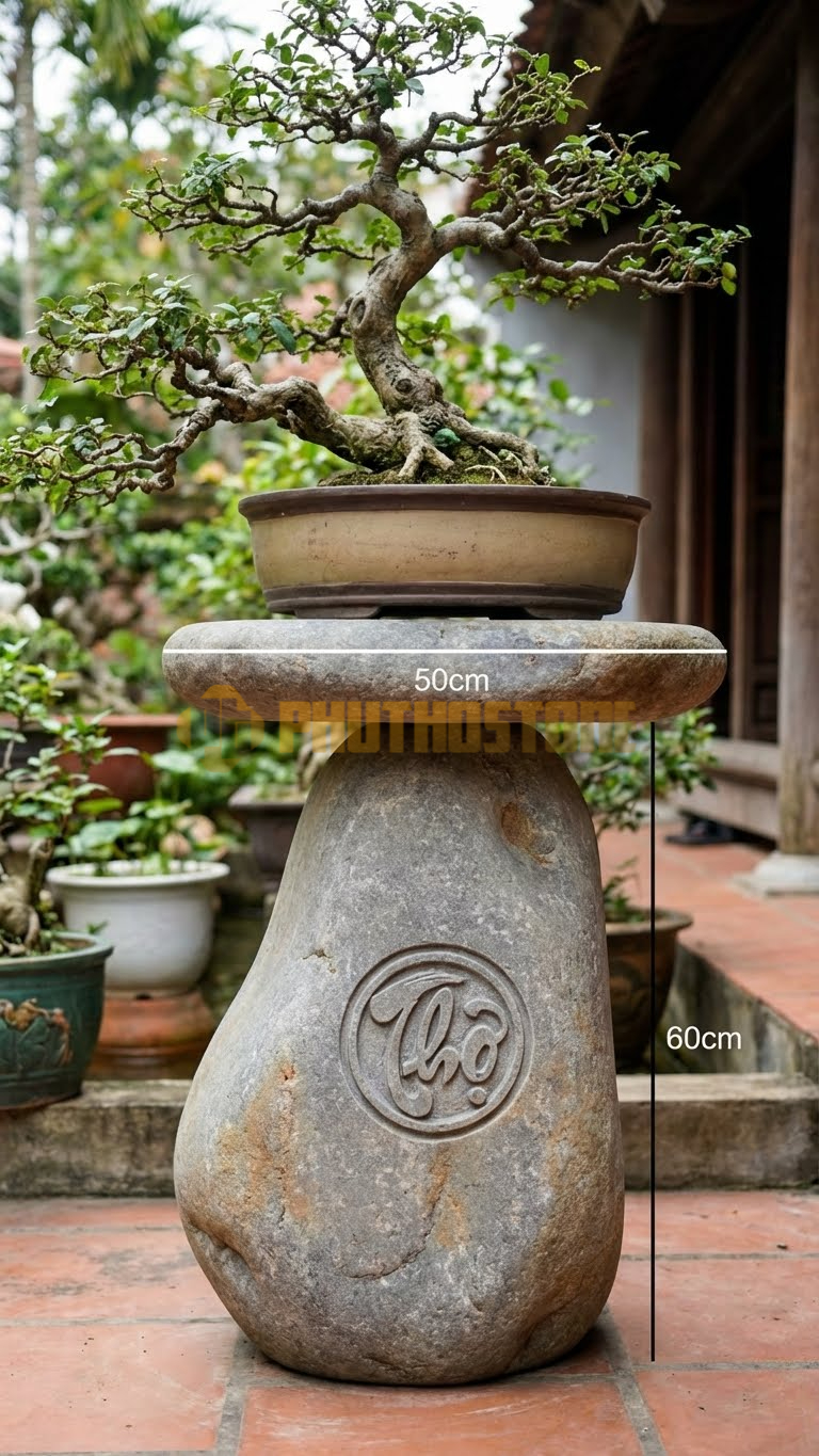 Đôn Tròn Đá Cuội Chạm Chữ Thọ Tròn (Chiện Tròn) Ở Giữa Thân – Mặt 50cm, Cao 60cm
