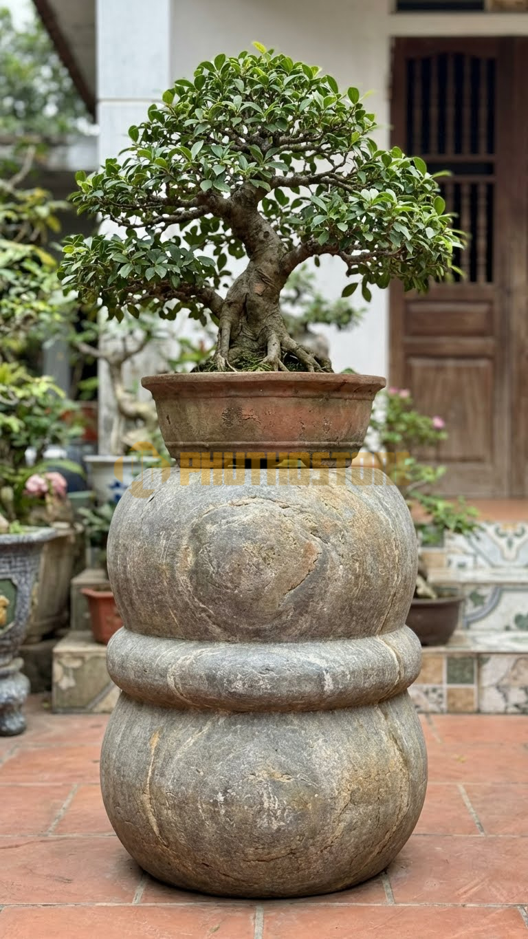 Đôn Tròn Đá Cuội Kiểu Thắt Đai Lưng (Có Vòng Đai Nổi Giữa Thân) – Mặt 40cm, Cao 50cm