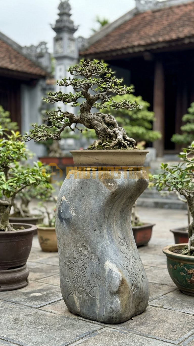 Đôn Vuông Đá Cuội Chạm Tứ Quý (Tùng, Cúc, Trúc, Mai) 4 Mặt – Vuông 35cm, Cao 60cm