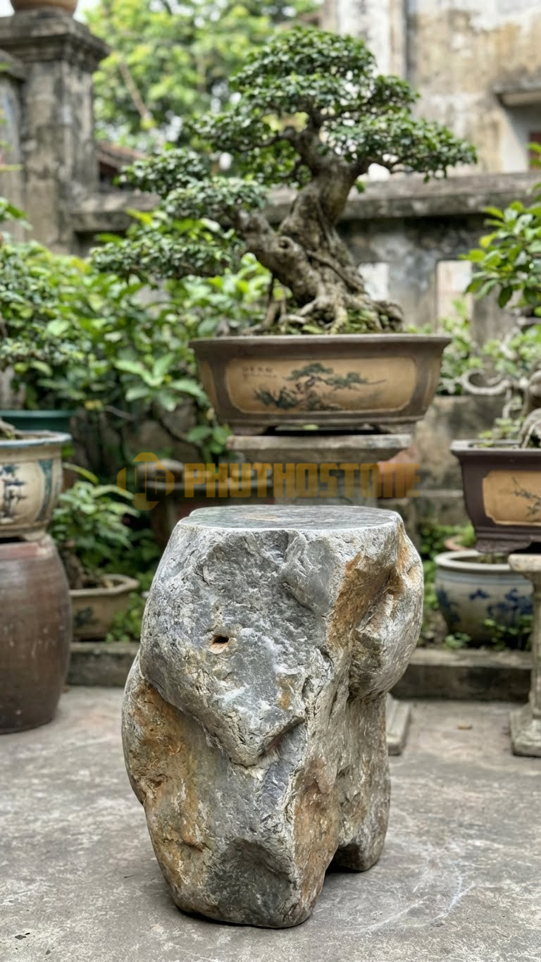 Đôn Vuông Đá Cuội Chân Quỳ Dạ Cá (Kiểu Sập Gụ Tủ Chè) – Vuông 40cm, Cao 50cm
