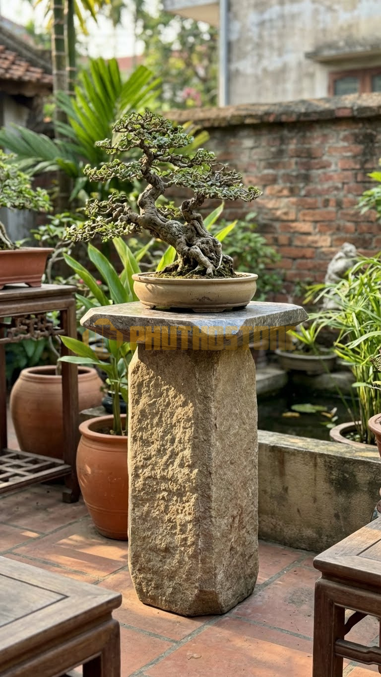 Đôn Vuông Đá Cuội Dáng Trụ Thẳng, Mặt Mài Bóng, Cạnh Vát Kim Cương – Vuông 30cm, Cao 70cm