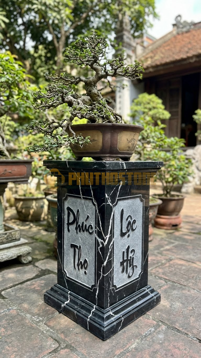 Đôn Vuông Đá Đen Tia Chớp Chạm Chữ Phúc – Lộc – Thọ – Hỷ (4 Mặt) – Vuông 45cm, Cao 55cm