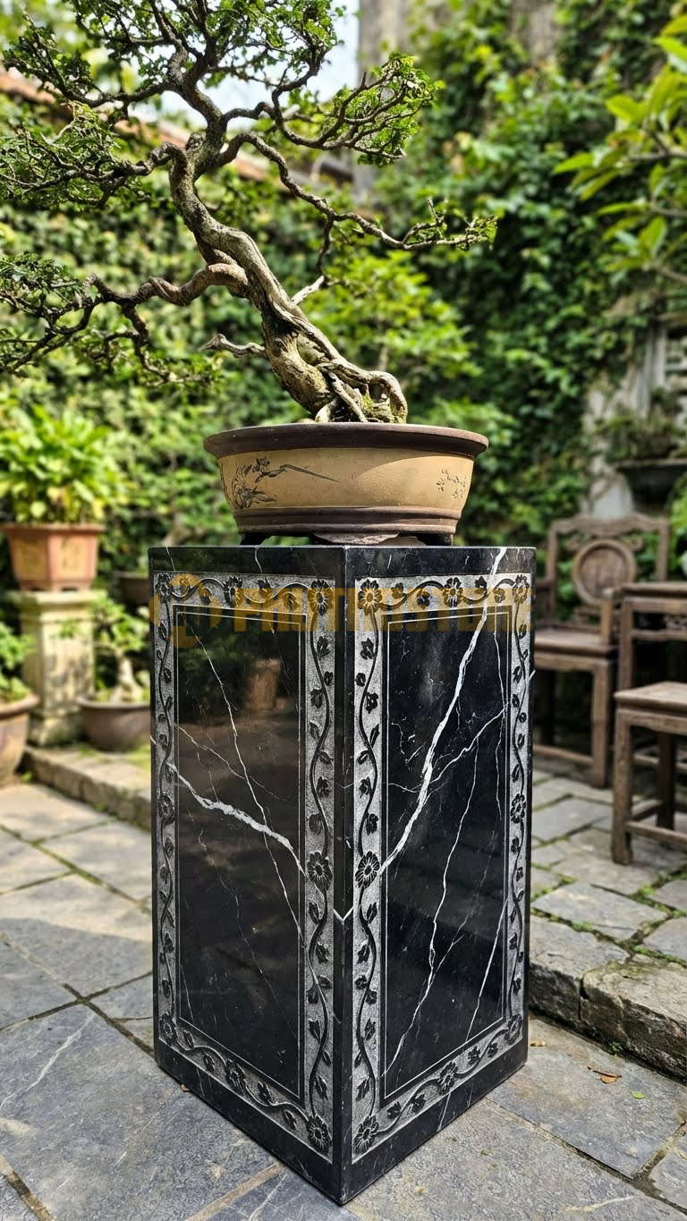 Đôn Vuông Đá Đen Tia Chớp Chạm Hoa Dây (Dây Leo) Viền Quanh Thân – Vuông 35cm, Cao 50cm