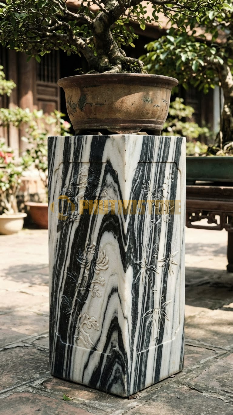 Đôn Vuông Đá Tuyết Sơn Chạm Tứ Quý (Tùng, Cúc, Trúc, Mai) 4 Mặt – Vuông 35cm, Cao 60cm
