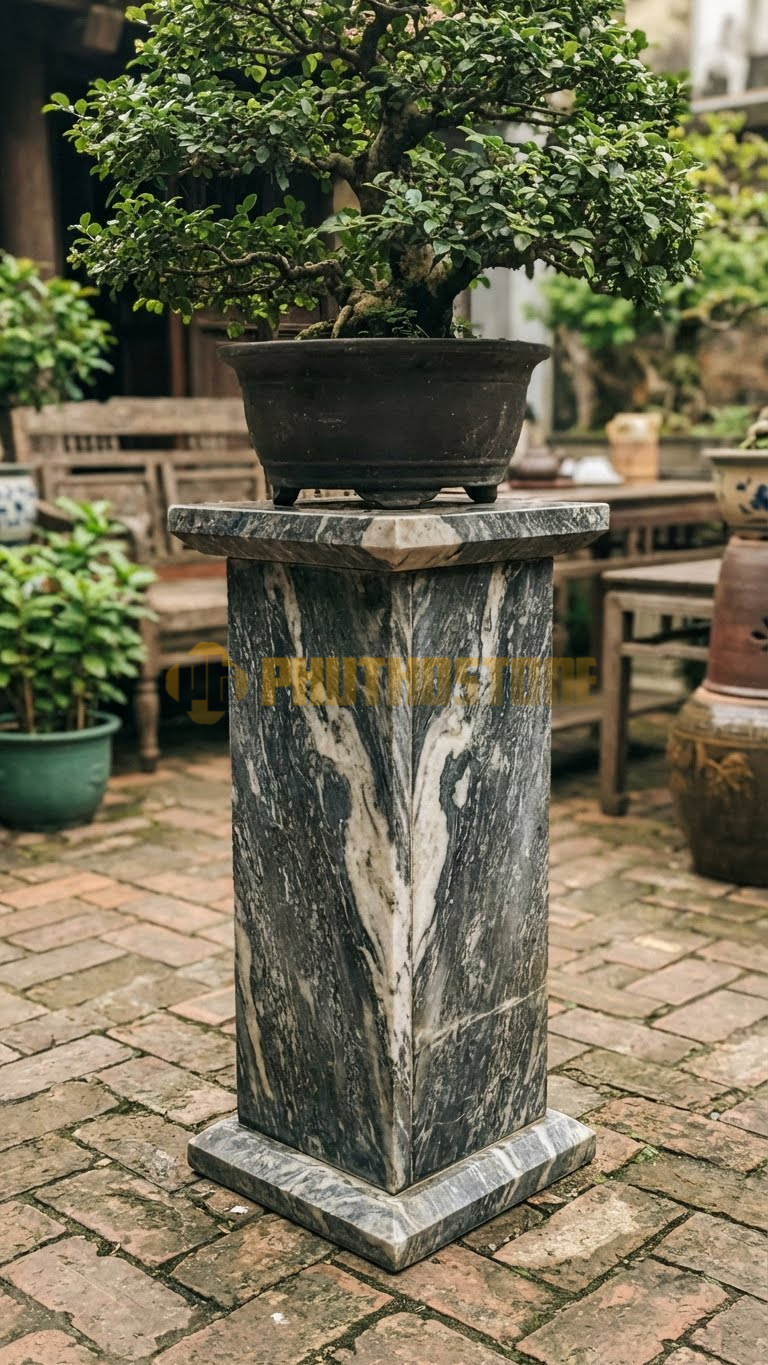 Đôn Vuông Đá Tuyết Sơn Dáng Trụ Thẳng, Mặt Mài Bóng, Cạnh Vát Kim Cương – Vuông 30cm, Cao 70cm