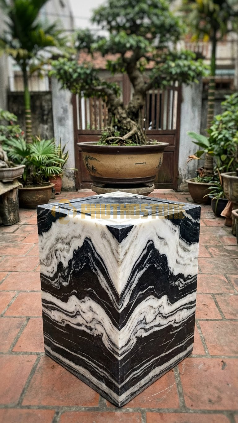 Đôn Vuông Đá Tuyết Sơn Mặt Soi Chỉ Lõm (Viền Bao Quanh Mặt) – Vuông 50cm, Cao 60cm