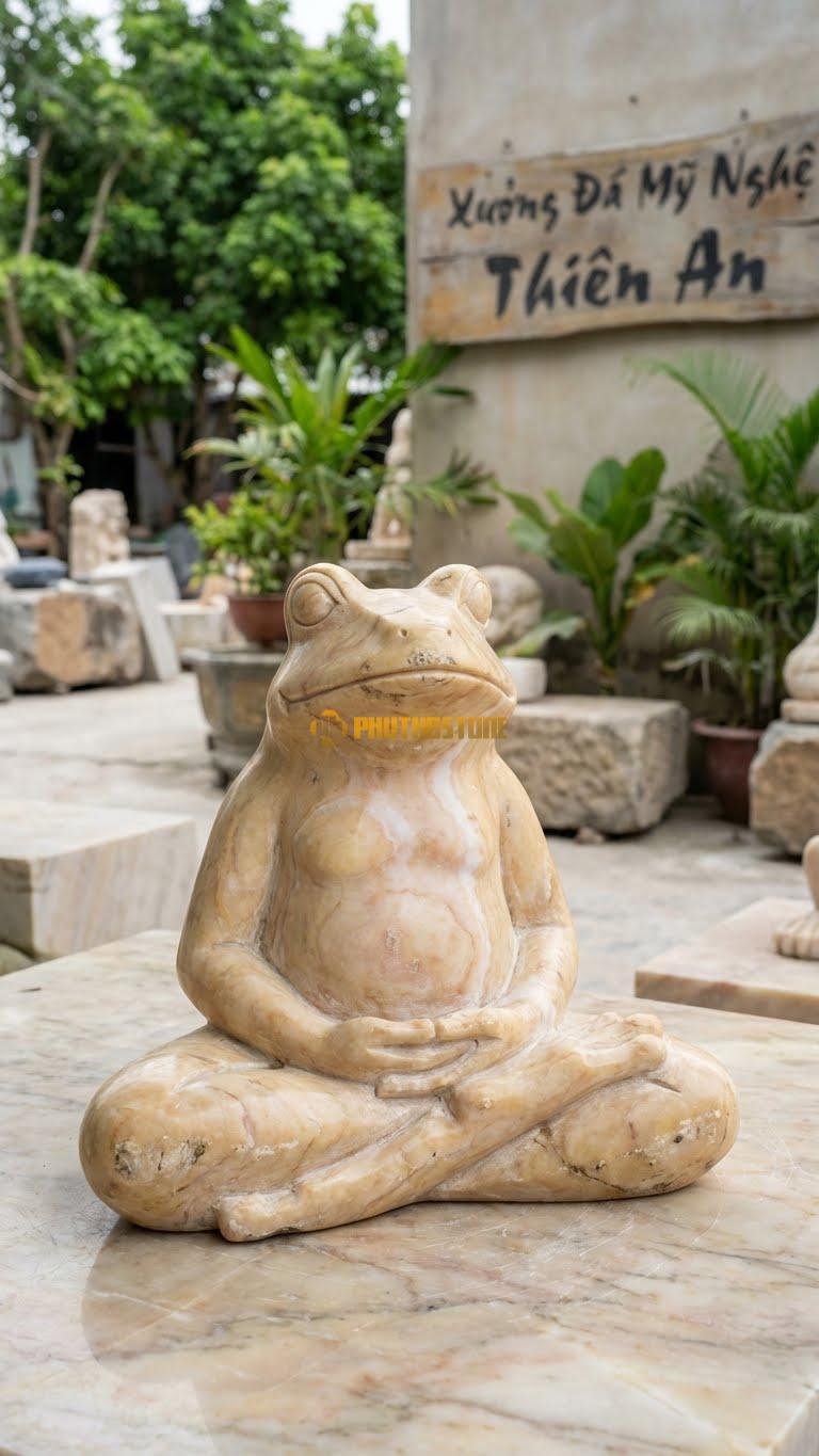 Ếch Ngồi Thiền (Zen Frog) Bằng Đá Vàng Nghệ An, Kiểu Dáng Chân Xếp Bằng. Kích Thước Cao 20cm.