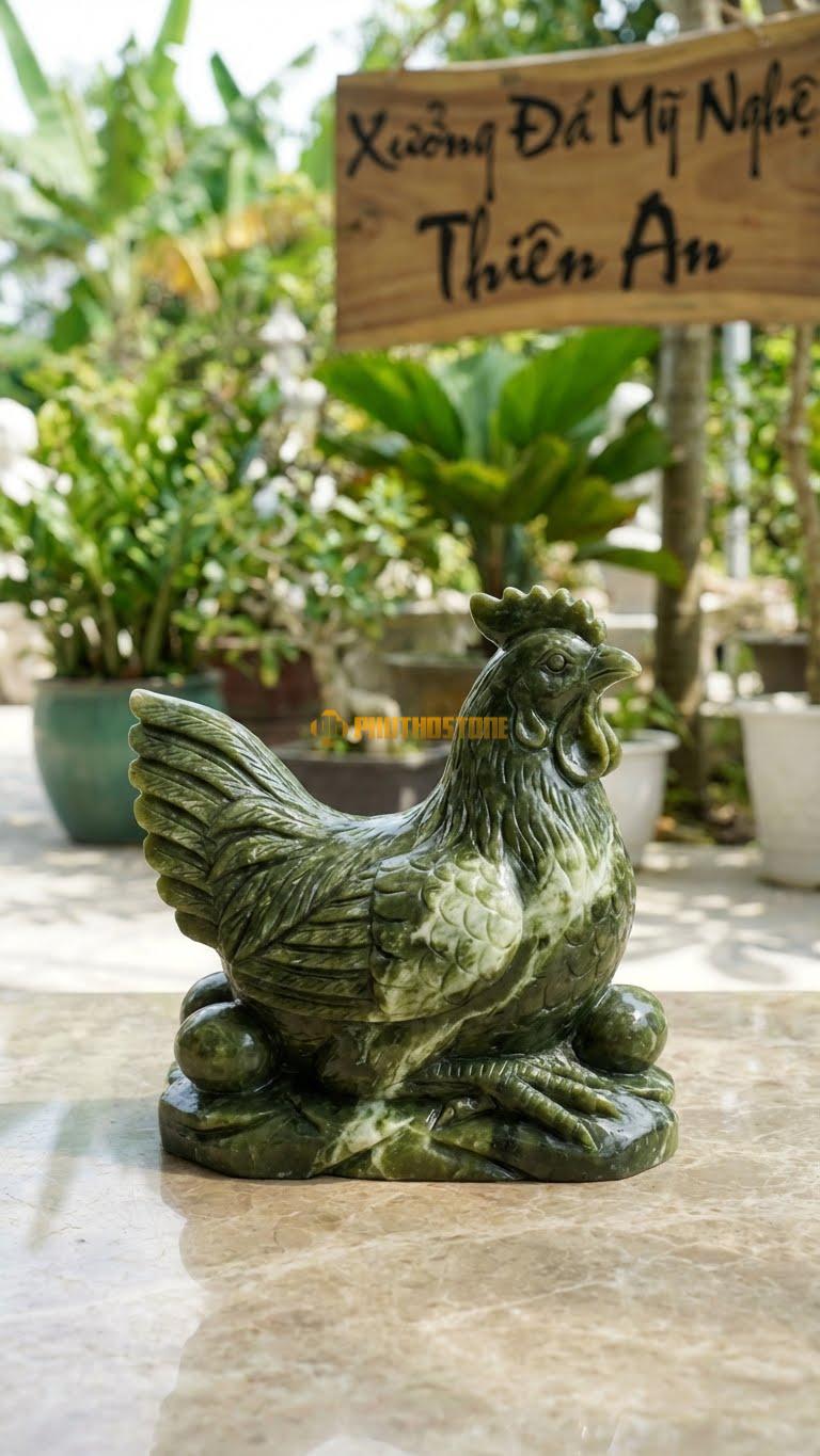 Gà Ấp Trứng Vàng Bằng Đá Serpentine, Kiểu Dáng Kích Thước Dài 25cm.