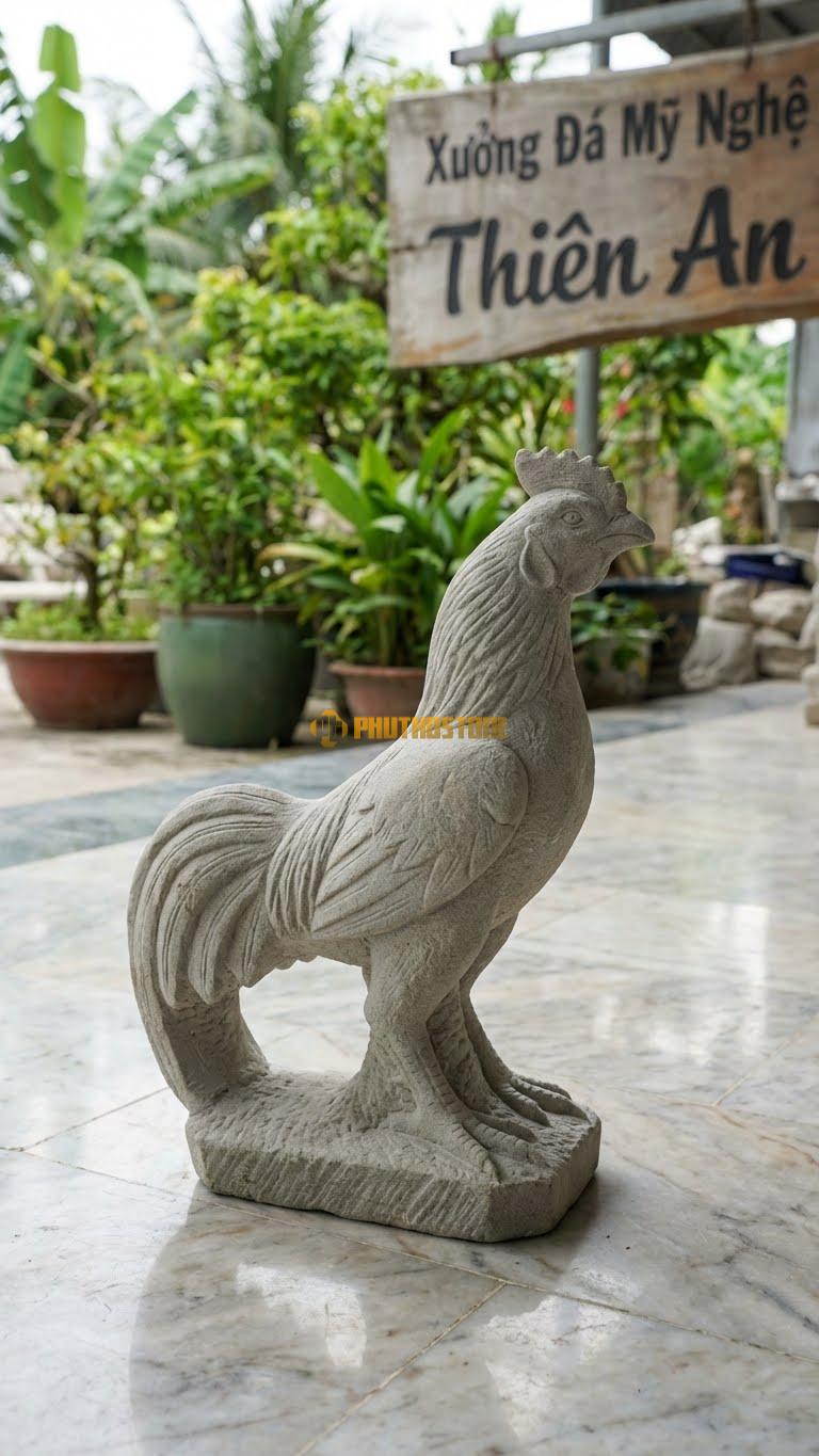 Gà Chọi Bằng Đá Sa Thạch, Kiểu Dáng Dáng Thủ Thế Chiến Đấu. Kích Thước Cao 25cm.