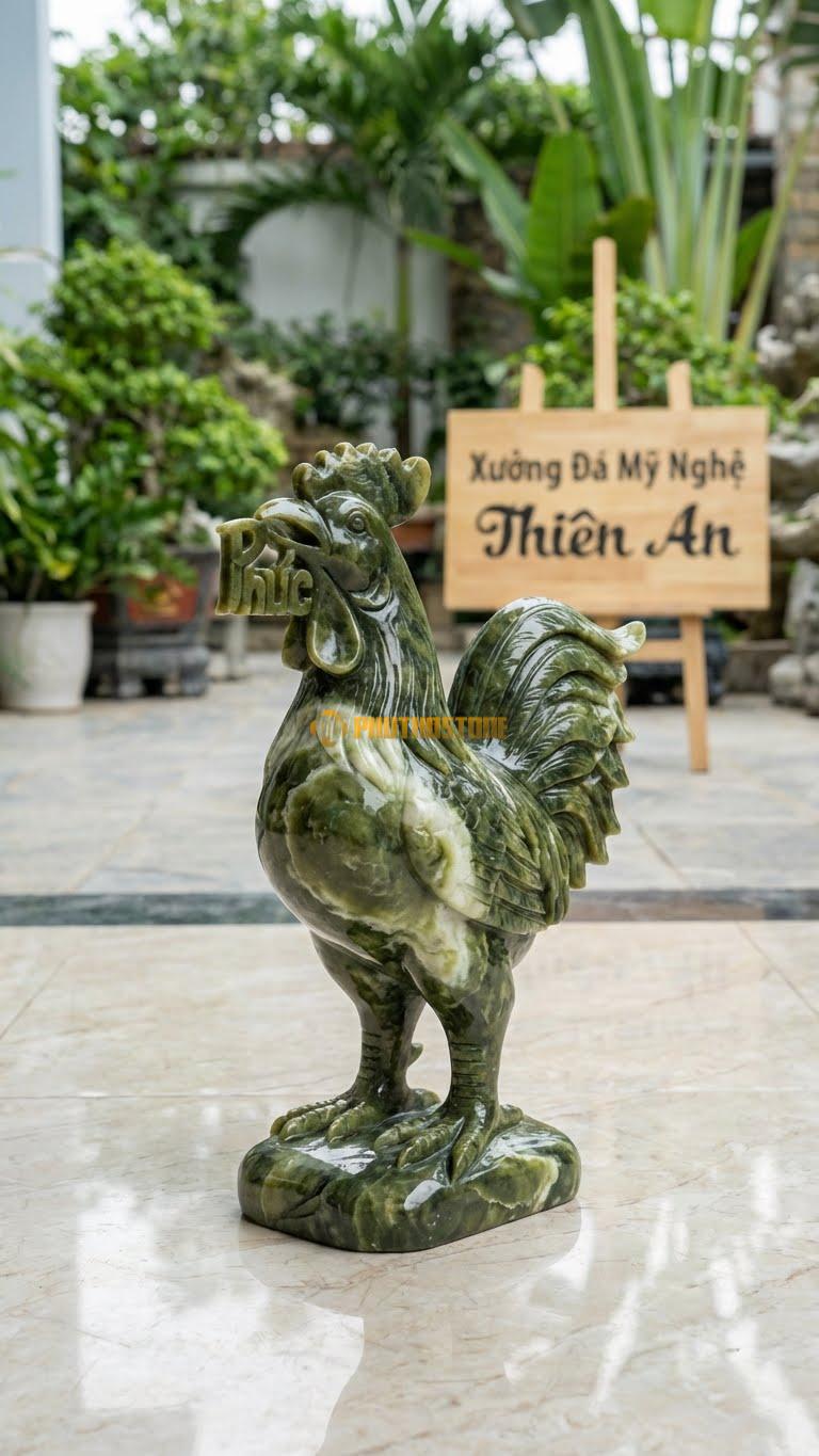 Gà Dâng Phúc Bằng Đá Serpentine, Kiểu Dáng Mỏ Ngậm Chữ Phúc. Kích Thước Cao 30cm.