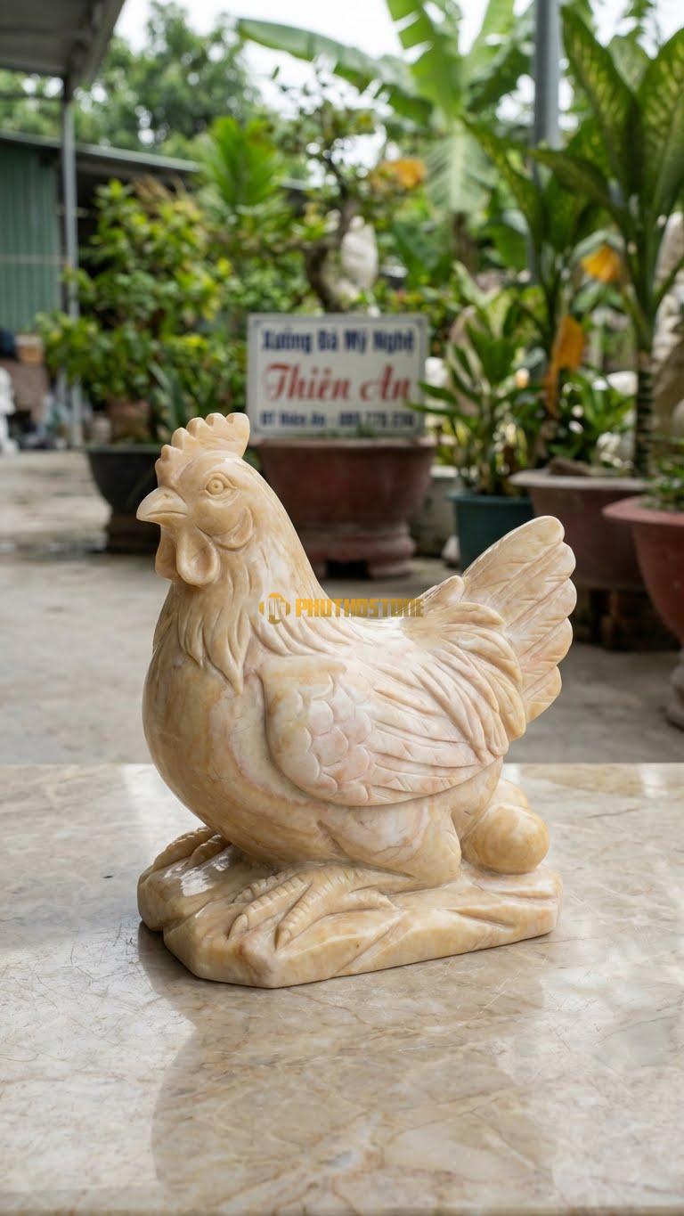 Gà Mái Đẻ Trứng Vàng Bằng Đá Vàng Nghệ An, Kiểu Dáng Biểu Tượng Sinh Sôi. Kích Thước Dài 20cm.