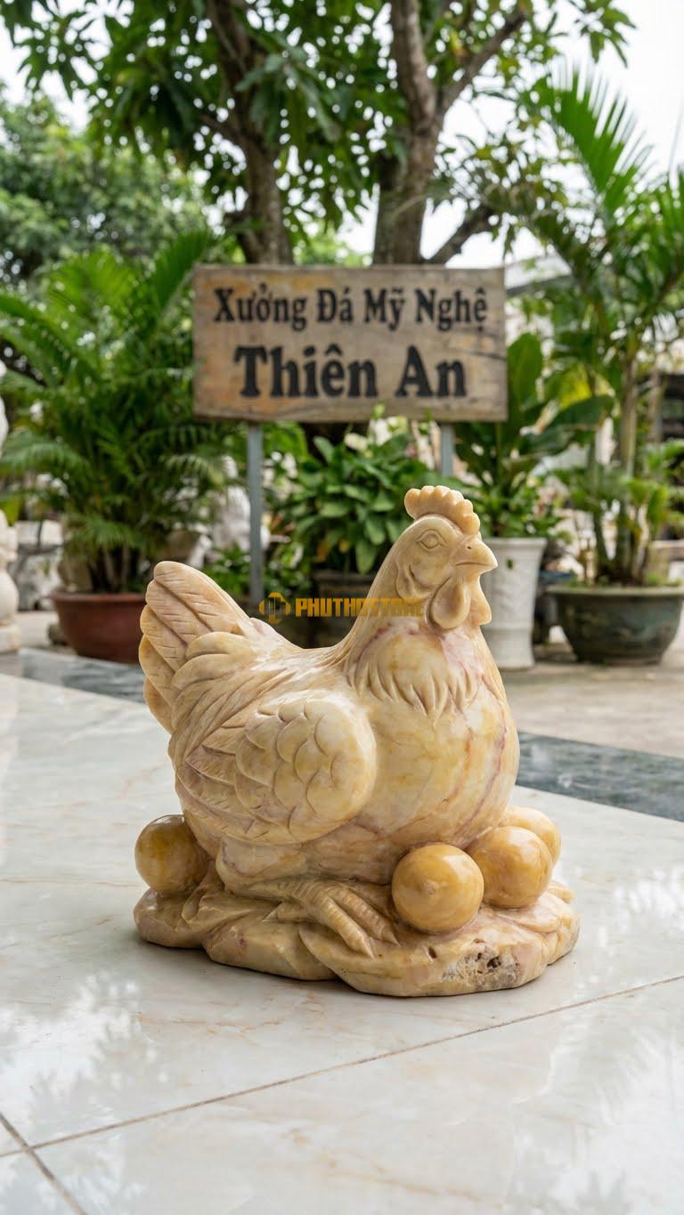Gà Mái Đẻ Trứng Vàng Bằng Đá Vàng Nghệ An, Kiểu Dáng Biểu Tượng Sinh Sôi. Kích Thước Dài 20cm.