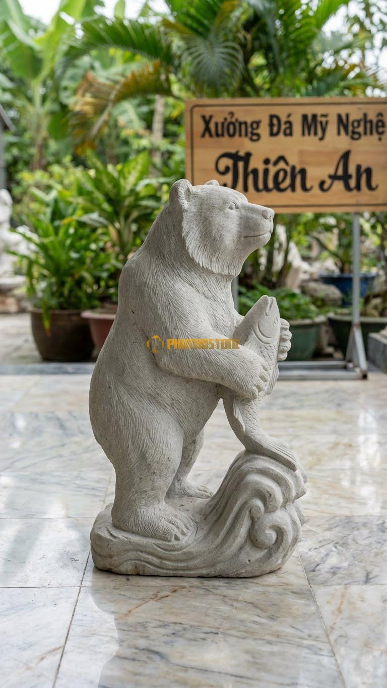 Gấu Bắt Cá Hồi Bằng Đá Sa Thạch, Kiểu Dáng Đứng Giữ Dòng Nước (Đế Sóng). Kích Thước Dài 40cm.