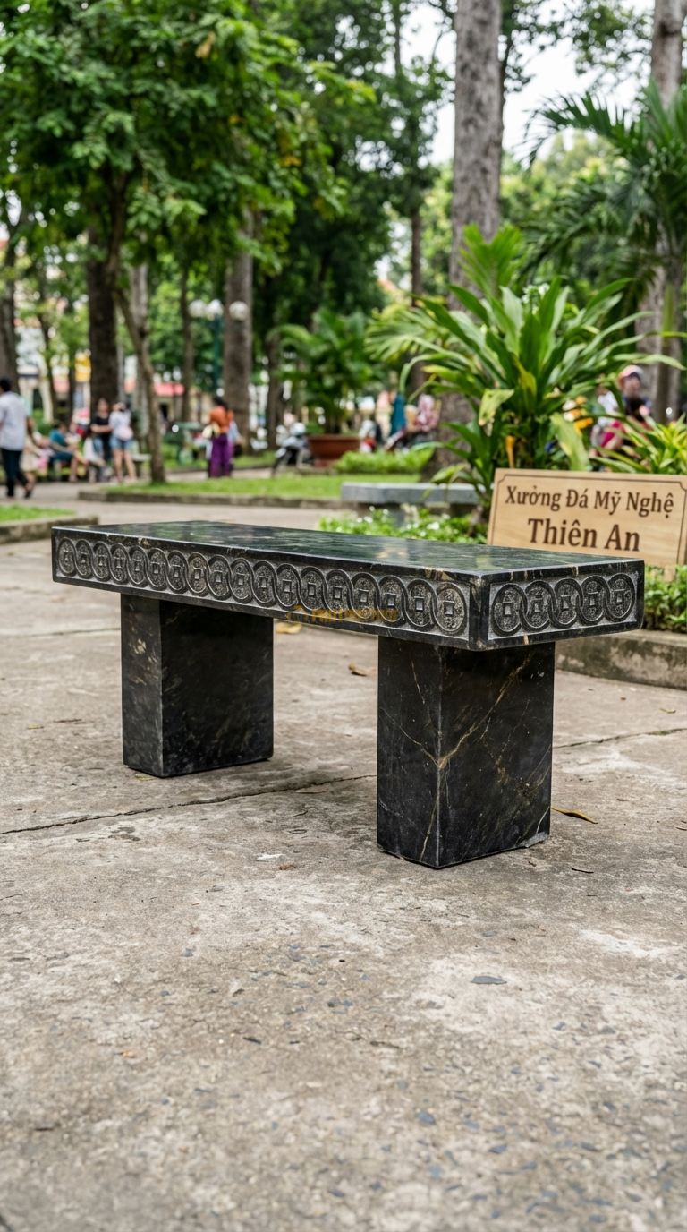 Ghế Băng Chạm Đồng Tiền, Chất Liệu đá Đen Chỉ Nâu, Kiểu Dáng mặt Ghế Chạm Khắc Chuỗi Đồng Tiền Cổ Nối Liền Nhau 100Cm x 35Cm x 45Cm. 100Cm x 35Cm x 45Cm