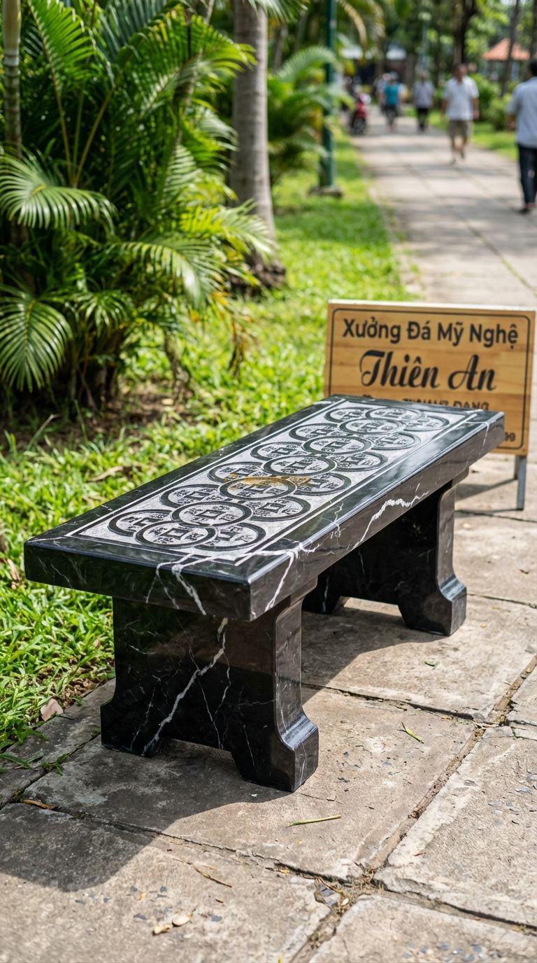 Ghế Băng Chạm Đồng Tiền, Chất Liệu đá Đen Tia Chớp, Kiểu Dáng mặt Ghế Chạm Khắc Chuỗi Đồng Tiền Cổ Nối Liền Nhau 100Cm x 35Cm x 45Cm. 100Cm x 35Cm x 45Cm
