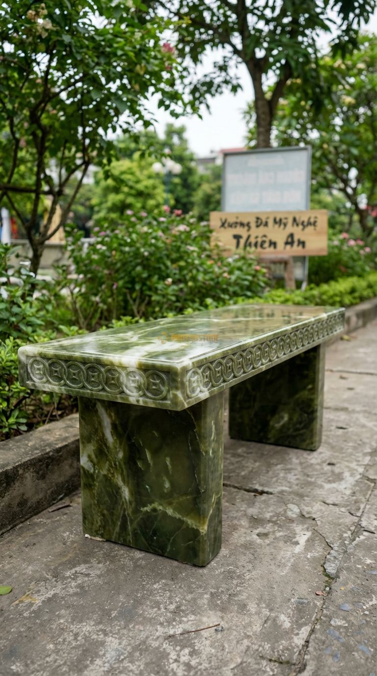 Ghế Băng Chạm Đồng Tiền, Chất Liệu đá Serpentine, Kiểu Dáng mặt Ghế Chạm Khắc Chuỗi Đồng Tiền Cổ Nối Liền Nhau 100Cm x 35Cm x 45Cm. 100Cm x 35Cm x 45Cm