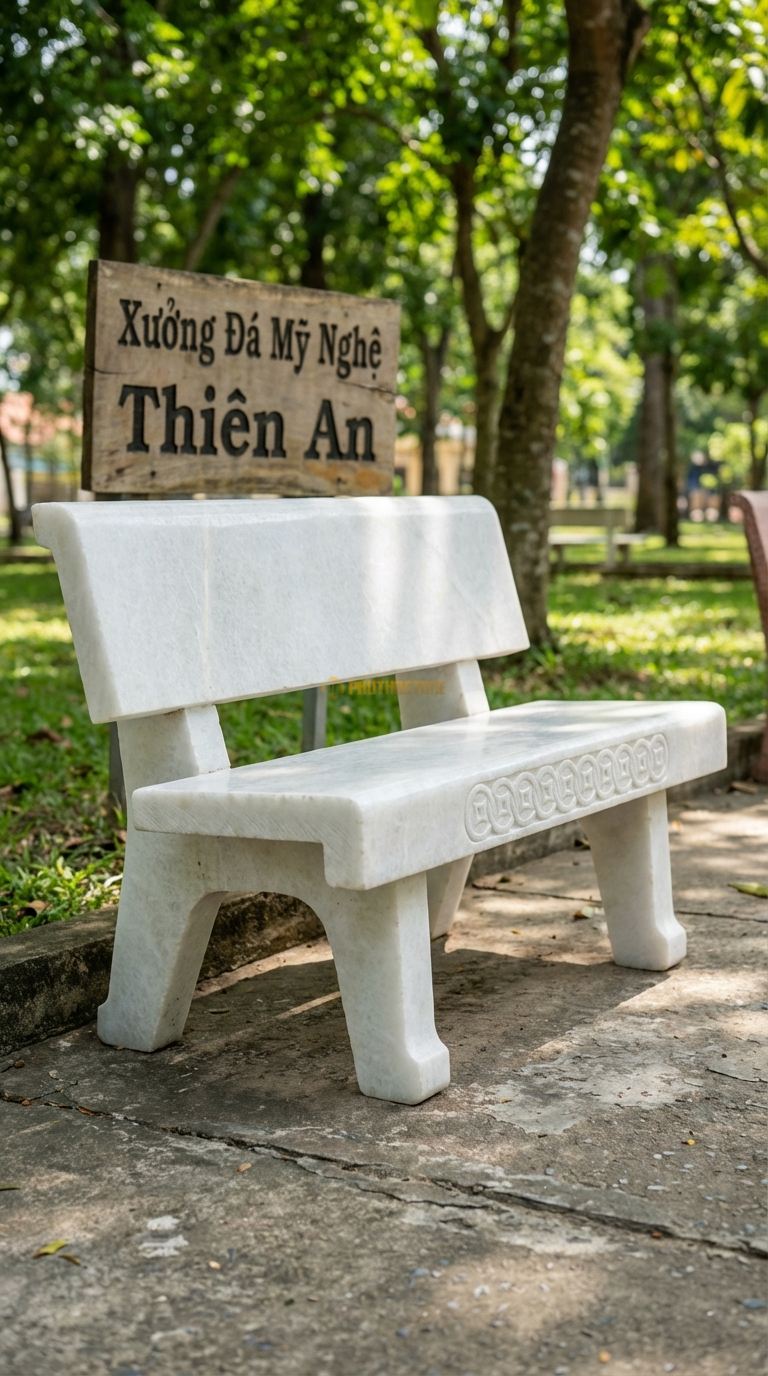 Ghế Băng Chạm Đồng Tiền, Chất Liệu đá Trắng Muối, Kiểu Dáng mặt Ghế Chạm Khắc Chuỗi Đồng Tiền Cổ Nối Liền Nhau 100Cm x 35Cm x 45Cm. 100Cm x 35Cm x 45Cm