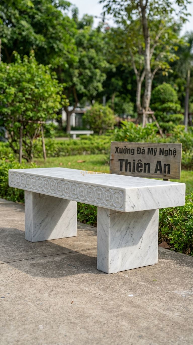 Ghế Băng Chạm Đồng Tiền, Chất Liệu đá Trắng Yên Bái, Kiểu Dáng mặt Ghế Chạm Khắc Chuỗi Đồng Tiền Cổ Nối Liền Nhau 100Cm x 35Cm x 45Cm. 100Cm x 35Cm x 45Cm