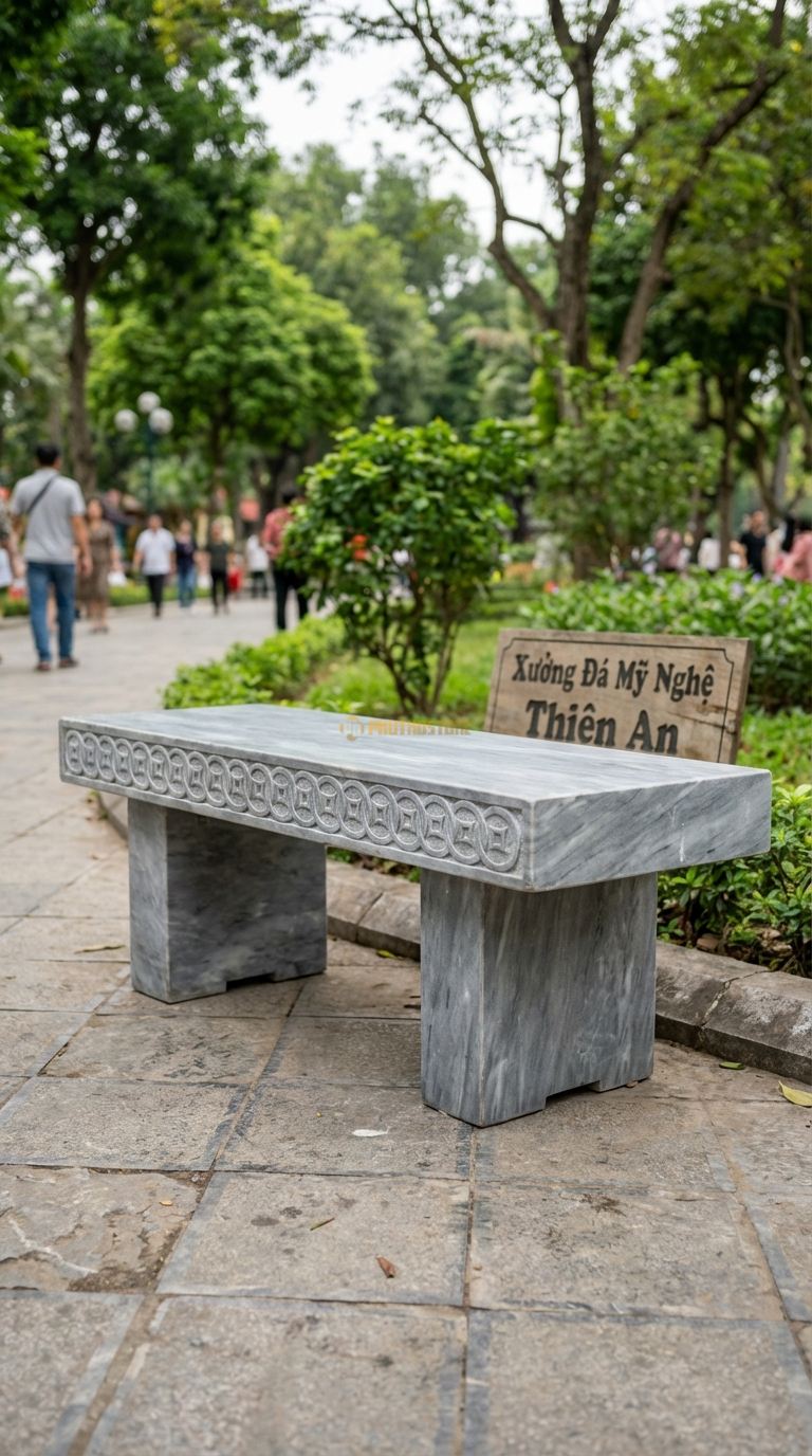 Ghế Băng Chạm Đồng Tiền, Chất Liệu đá Xám Vân Mây, Kiểu Dáng mặt Ghế Chạm Khắc Chuỗi Đồng Tiền Cổ Nối Liền Nhau 100Cm x 35Cm x 45Cm. 100Cm x 35Cm x 45Cm