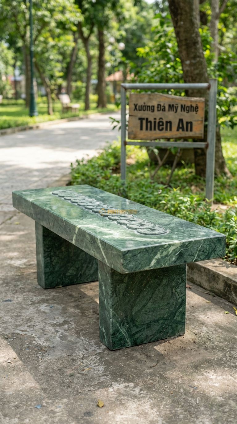 Ghế Băng Chạm Đồng Tiền, Chất Liệu đá Xanh Ấn, Kiểu Dáng mặt Ghế Chạm Khắc Chuỗi Đồng Tiền Cổ Nối Liền Nhau 100Cm x 35Cm x 45Cm. 100Cm x 35Cm x 45Cm