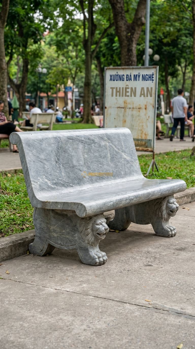 Ghế Băng Chân Sư Tử, Chất Liệu đá Cẩm Thạch Xám, Kiểu Dáng mặt Trơn, Chân Ghế Chạm Khắc Hình Đầu Sư Tử Hoặc Chân Quỳ 140Cm x 45Cm x 50Cm. 140Cm x 45Cm x 50Cm