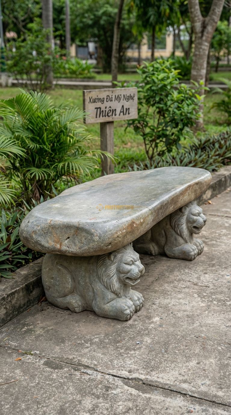 Ghế Băng Chân Sư Tử, Chất Liệu đá Cuội, Kiểu Dáng mặt Trơn, Chân Ghế Chạm Khắc Hình Đầu Sư Tử Hoặc Chân Quỳ 140Cm x 45Cm x 50Cm. 140Cm x 45Cm x 50Cm