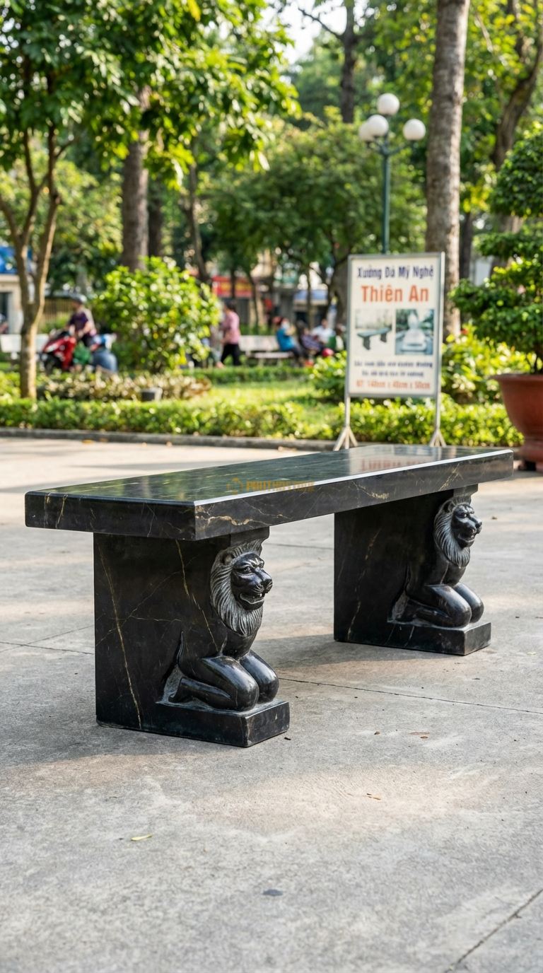 Ghế Băng Chân Sư Tử, Chất Liệu đá Đen Chỉ Nâu, Kiểu Dáng mặt Trơn, Chân Ghế Chạm Khắc Hình Đầu Sư Tử Hoặc Chân Quỳ 140Cm x 45Cm x 50Cm. 140Cm x 45Cm x 50Cm