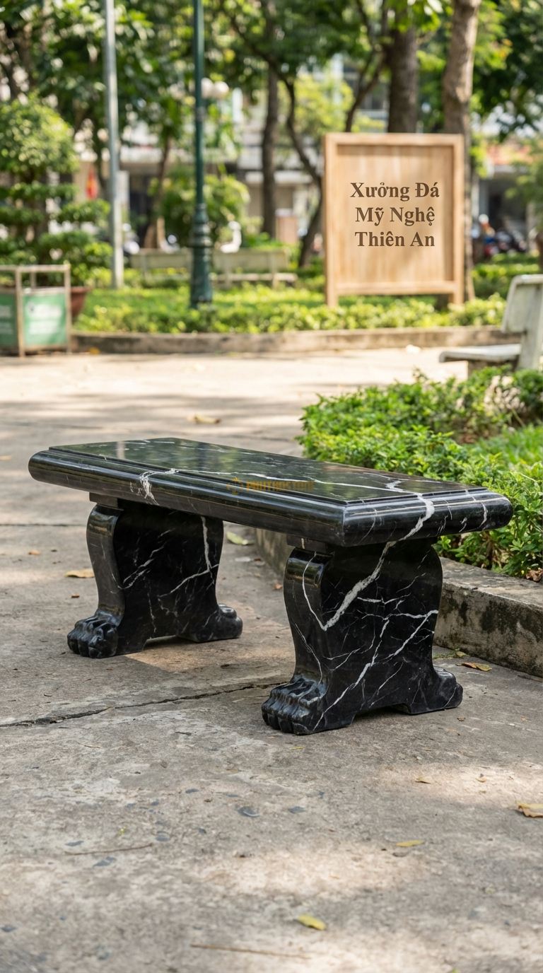 Ghế Băng Chân Sư Tử, Chất Liệu đá Đen Tia Chớp, Kiểu Dáng mặt Trơn, Chân Ghế Chạm Khắc Hình Đầu Sư Tử Hoặc Chân Quỳ 140Cm x 45Cm x 50Cm. 140Cm x 45Cm x 50Cm