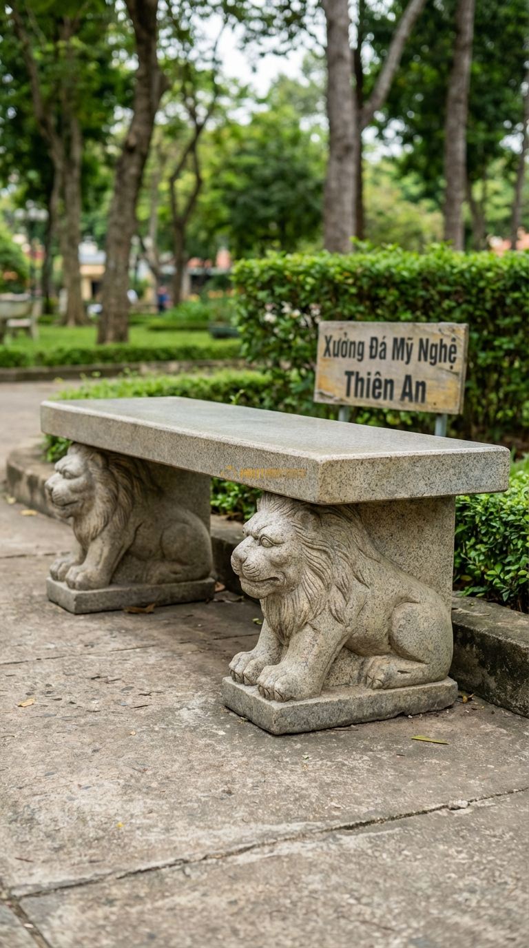 Ghế Băng Chân Sư Tử, Chất Liệu đá Granite, Kiểu Dáng mặt Trơn, Chân Ghế Chạm Khắc Hình Đầu Sư Tử Hoặc Chân Quỳ 140Cm x 45Cm x 50Cm. 140Cm x 45Cm x 50Cm