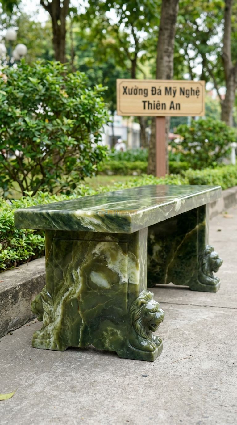 Ghế Băng Chân Sư Tử, Chất Liệu đá Serpentine, Kiểu Dáng mặt Trơn, Chân Ghế Chạm Khắc Hình Đầu Sư Tử Hoặc Chân Quỳ 140Cm x 45Cm x 50Cm. 140Cm x 45Cm x 50Cm