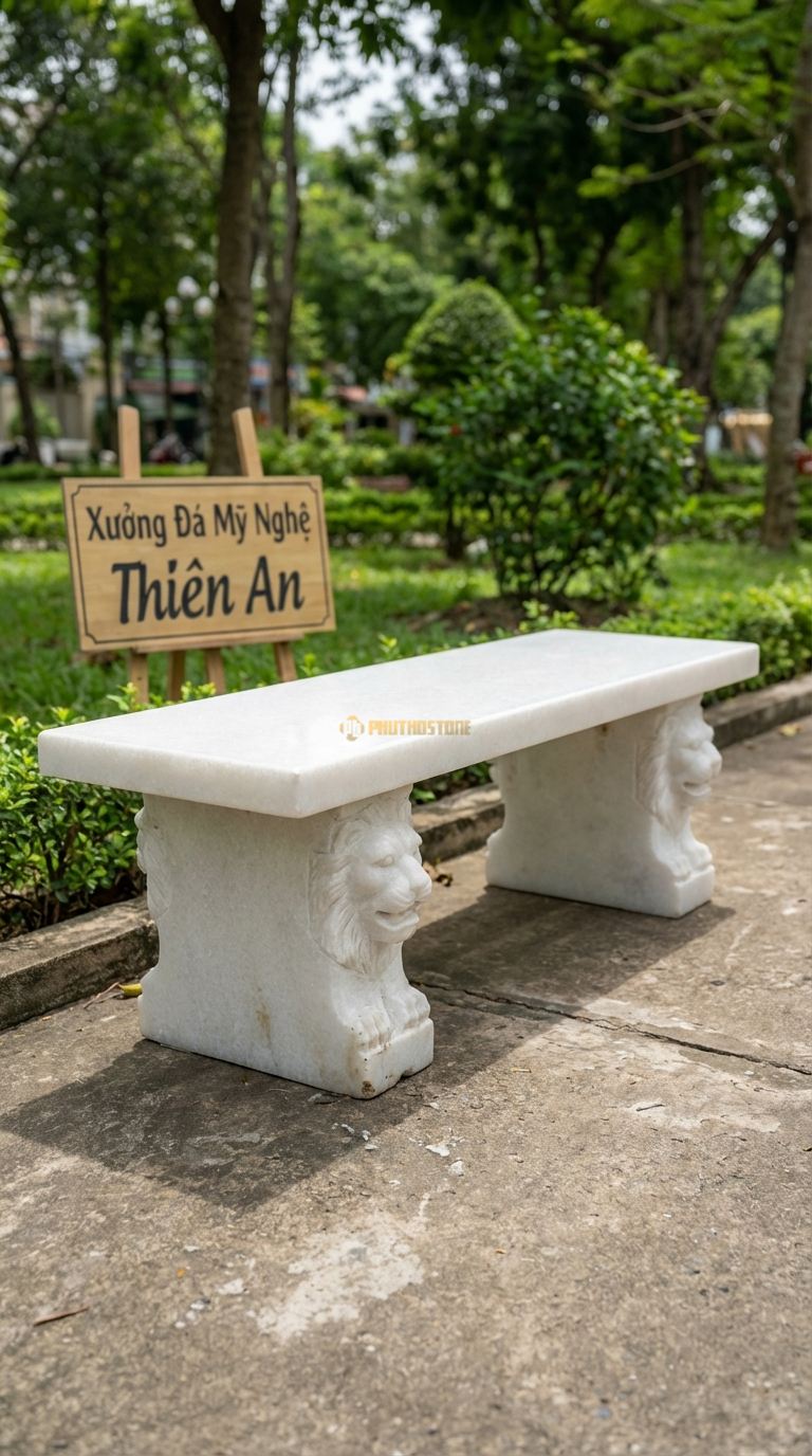 Ghế Băng Chân Sư Tử, Chất Liệu đá Trắng Muối, Kiểu Dáng mặt Trơn, Chân Ghế Chạm Khắc Hình Đầu Sư Tử Hoặc Chân Quỳ 140Cm x 45Cm x 50Cm. 140Cm x 45Cm x 50Cm