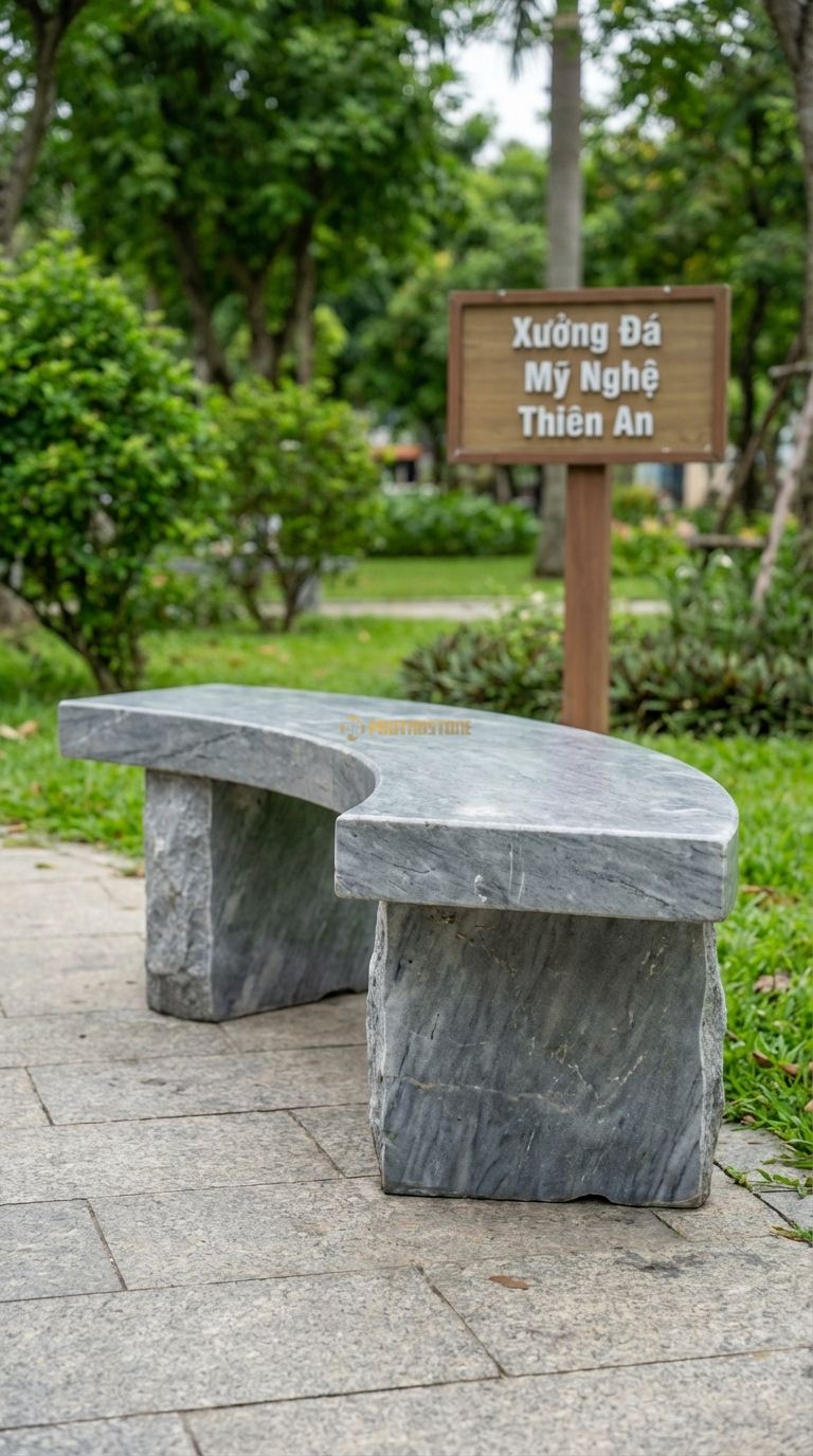 Ghế Băng Cong Bán Nguyệt, Chất Liệu đá Cẩm Thạch Xám, Kiểu Dáng dáng Cong Hình Bán Nguyệt, Mặt Trơn Mài Bóng Dài Cung 150Cm x Rộng 40Cm x Cao 45Cm. Dài Cung 150Cm x Rộng 40Cm x Cao 45Cm