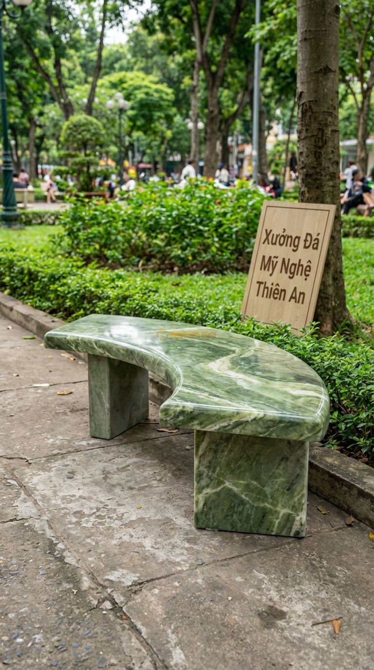 Ghế Băng Cong Bán Nguyệt, Chất Liệu đá Serpentine, Kiểu Dáng dáng Cong Hình Bán Nguyệt, Mặt Trơn Mài Bóng Dài Cung 150Cm x Rộng 40Cm x Cao 45Cm. Dài Cung 150Cm x Rộng 40Cm x Cao 45Cm