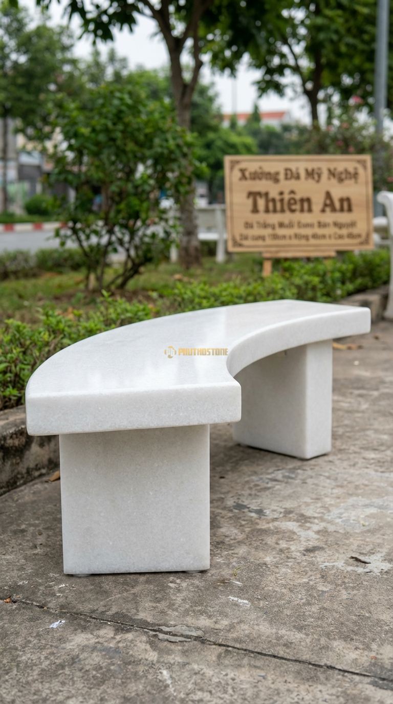Ghế Băng Cong Bán Nguyệt, Chất Liệu đá Trắng Muối, Kiểu Dáng dáng Cong Hình Bán Nguyệt, Mặt Trơn Mài Bóng Dài Cung 150Cm x Rộng 40Cm x Cao 45Cm. Dài Cung 150Cm x Rộng 40Cm x Cao 45Cm