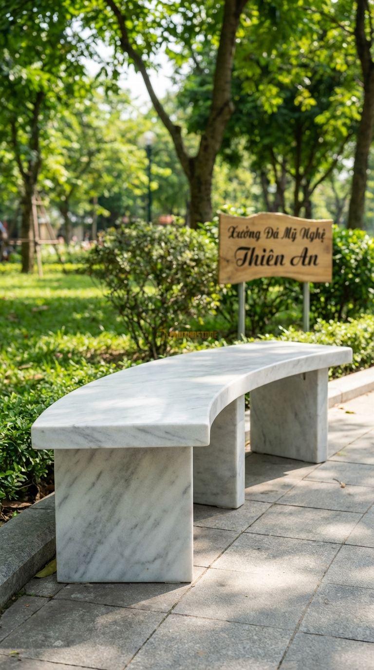 Ghế Băng Cong Bán Nguyệt, Chất Liệu đá Trắng Yên Bái, Kiểu Dáng dáng Cong Hình Bán Nguyệt, Mặt Trơn Mài Bóng Dài Cung 150Cm x Rộng 40Cm x Cao 45Cm. Dài Cung 150Cm x Rộng 40Cm x Cao 45Cm
